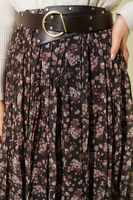 Çiçek Desenli Piliseli Şifon Etek Kahve - Etek