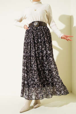 Çiçek Desenli Piliseli Şifon Etek Siyah - CALİENTE