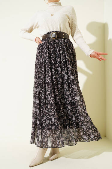 Çiçek Desenli Piliseli Şifon Etek Siyah - Etek