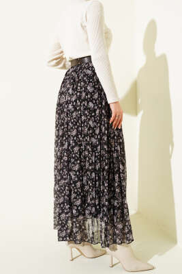 Çiçek Desenli Piliseli Şifon Etek Siyah - Etek