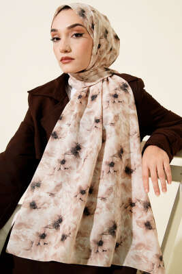 Çiçek Desenli Rami Şal Bej - Başörtüsü
