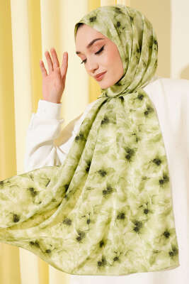 Çiçek Desenli Rami Şal Çağla Yeşili - Başörtüsü