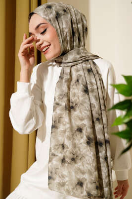 Çiçek Desenli Rami Şal Haki - Başörtüsü