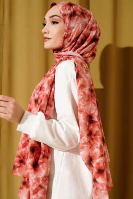 Çiçek Desenli Rami Şal Kiremit - Başörtüsü