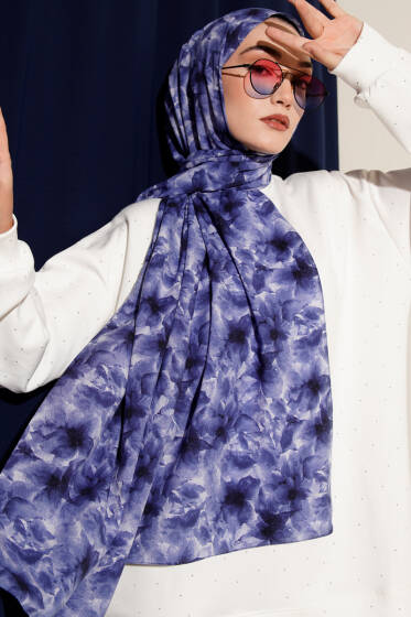 Çiçek Desenli Rami Şal Lacivert - Başörtüsü