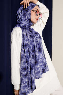 Çiçek Desenli Rami Şal Lacivert - Başörtüsü