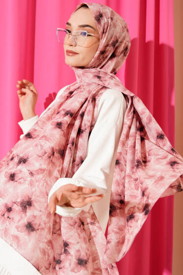 Çiçek Desenli Rami Şal Pembe - Başörtüsü