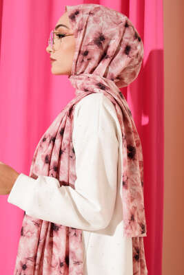 Çiçek Desenli Rami Şal Pembe - Başörtüsü