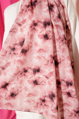 Çiçek Desenli Rami Şal Pembe - Başörtüsü