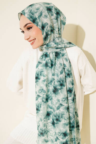 Çiçek Desenli Rami Şal Petrol Yeşili - Başörtüsü