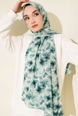 Çiçek Desenli Rami Şal Petrol Yeşili - Başörtüsü