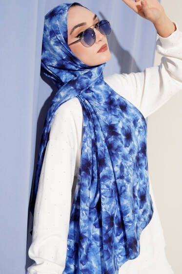 Çiçek Desenli Rami Şal Saks - Başörtüsü