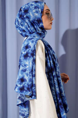 Çiçek Desenli Rami Şal Saks - Başörtüsü