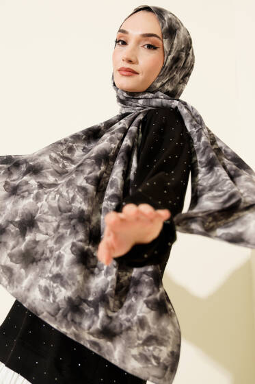 Çiçek Desenli Rami Şal Siyah - Başörtüsü
