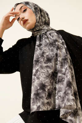 Çiçek Desenli Rami Şal Siyah - Başörtüsü