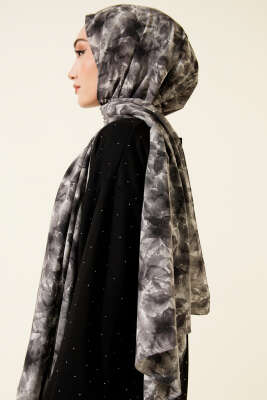 Çiçek Desenli Rami Şal Siyah - Başörtüsü