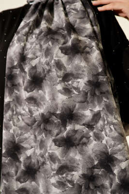 Çiçek Desenli Rami Şal Siyah - Başörtüsü