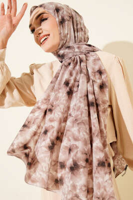 Çiçek Desenli Rami Şal Soft Kahve 