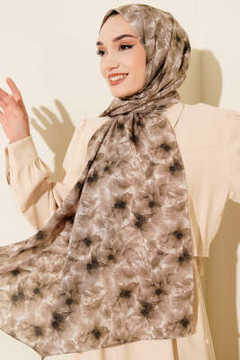 Çiçek Desenli Rami Şal Vizon - Başörtüsü