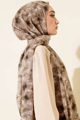 Çiçek Desenli Rami Şal Vizon - Başörtüsü