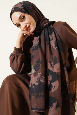 Çiçek Desenli Ribana Şal Acı Kahve - Başörtüsü