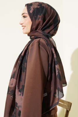 Çiçek Desenli Ribana Şal Acı Kahve - Başörtüsü
