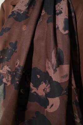 Çiçek Desenli Ribana Şal Acı Kahve - Başörtüsü