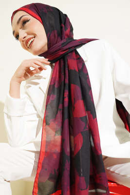 Çiçek Desenli Ribana Şal Bordo - Başörtüsü