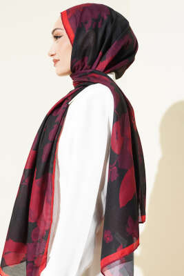 Çiçek Desenli Ribana Şal Bordo - Başörtüsü