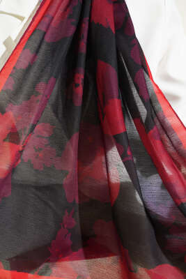 Çiçek Desenli Ribana Şal Bordo - Başörtüsü