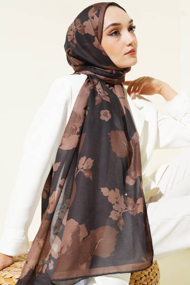 Çiçek Desenli Ribana Şal Camel - Başörtüsü