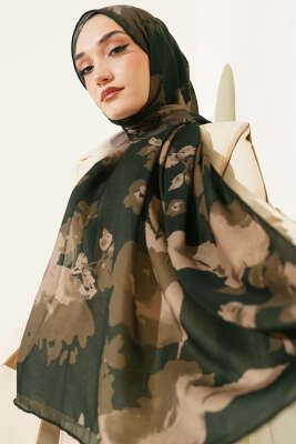 Çiçek Desenli Ribana Şal Haki - Başörtüsü