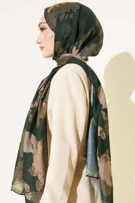 Çiçek Desenli Ribana Şal Haki - Başörtüsü