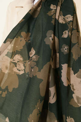 Çiçek Desenli Ribana Şal Haki - Başörtüsü