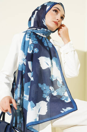 Çiçek Desenli Ribana Şal İndigo - Başörtüsü