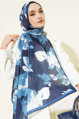 Çiçek Desenli Ribana Şal İndigo - Başörtüsü