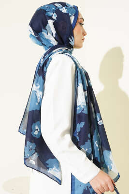 Çiçek Desenli Ribana Şal İndigo - Başörtüsü