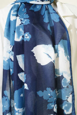 Çiçek Desenli Ribana Şal İndigo - Başörtüsü