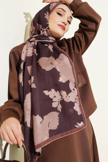 Çiçek Desenli Ribana Şal Kahve - Başörtüsü