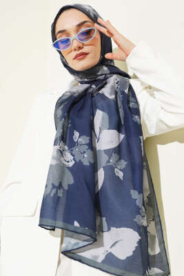 Çiçek Desenli Ribana Şal Lacivert - Başörtüsü