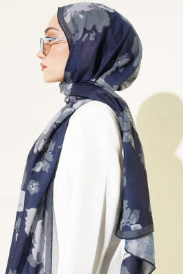 Çiçek Desenli Ribana Şal Lacivert - Başörtüsü