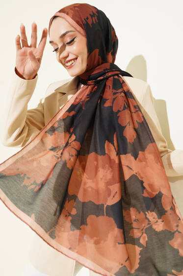 Çiçek Desenli Ribana Şal Latte - Başörtüsü