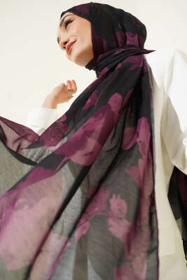 Çiçek Desenli Ribana Şal Mürdüm 