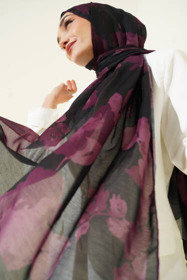 Çiçek Desenli Ribana Şal Mürdüm - Başörtüsü