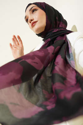 Çiçek Desenli Ribana Şal Mürdüm - Başörtüsü