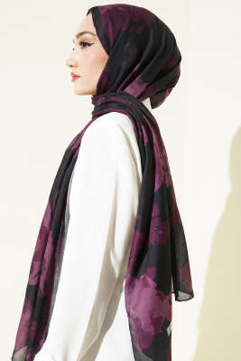 Çiçek Desenli Ribana Şal Mürdüm - Başörtüsü