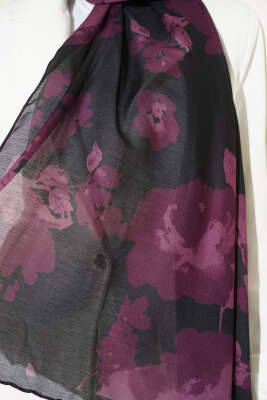 Çiçek Desenli Ribana Şal Mürdüm - Başörtüsü