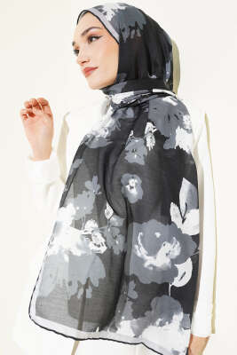Çiçek Desenli Ribana Şal Siyah - Başörtüsü