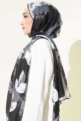 Çiçek Desenli Ribana Şal Siyah - Başörtüsü