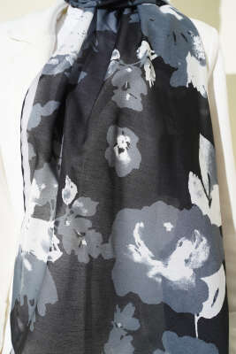 Çiçek Desenli Ribana Şal Siyah - Başörtüsü